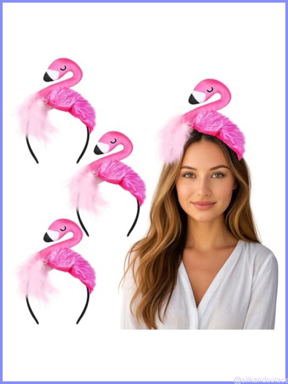 3 Pc Flamingo Headband Set Velour Feather Satin Costume Party Hair Accessories